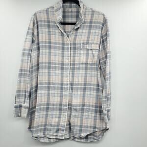 GAP Flannel Button Up Womens Large Pink Gray Plaid Metallic Pajama Top